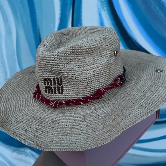 Miu Miu Straw Hat Women's Red Ribbon Detail Holiday Style Sun Hat - Picture 2 of 6